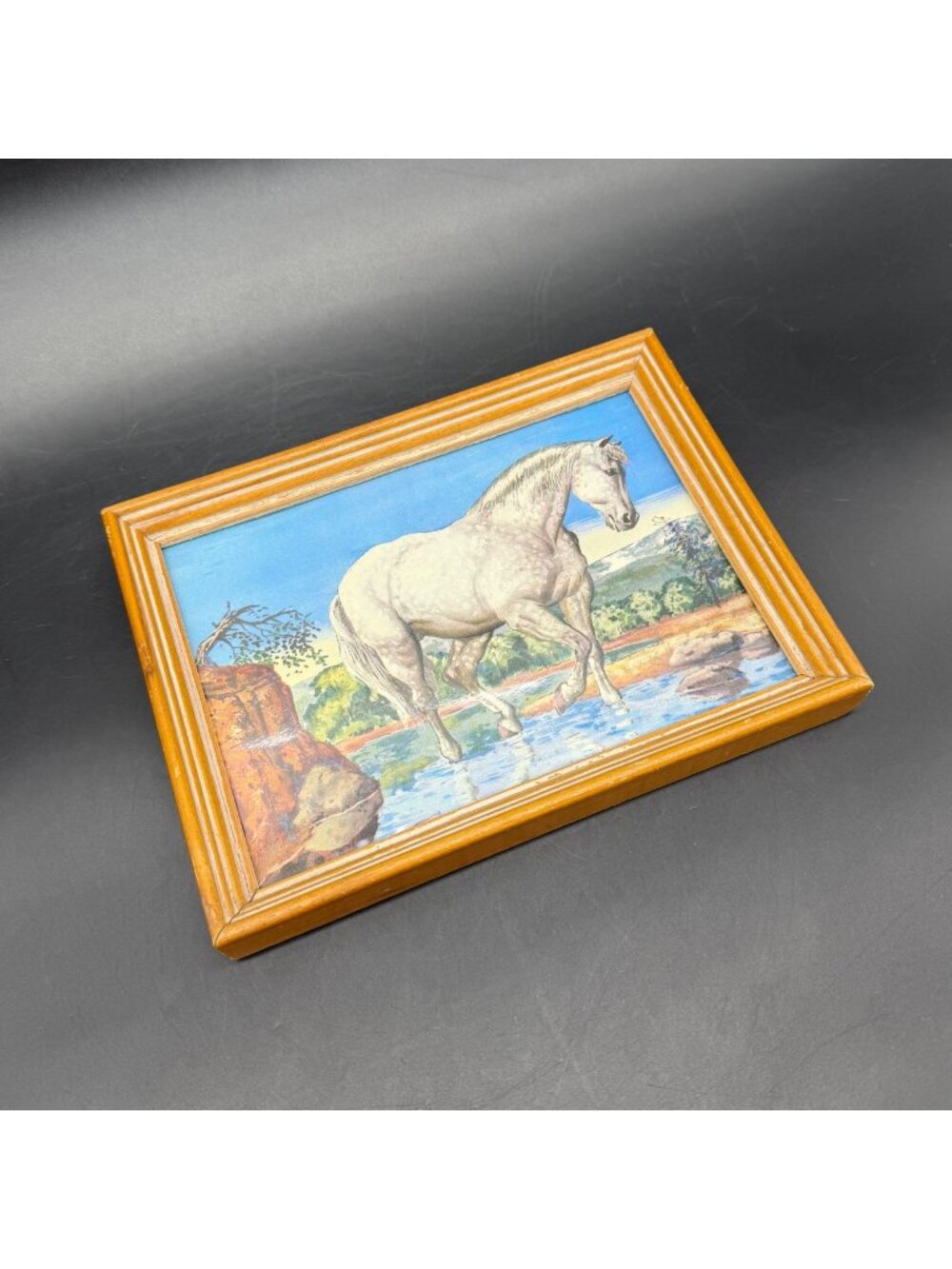 Vintage White Horse Picture Wood Frame Mid Century Western Equestrian USA